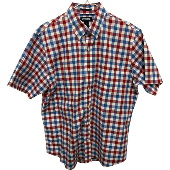 Lands’ End Shirt Men's L 16 Red Blue Plaid White Button Up 100% Cotton - Picture 2 of 5